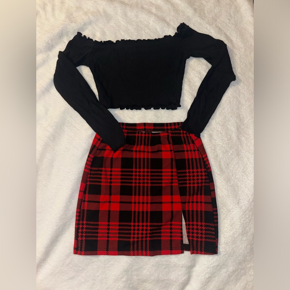 Red and Black Plaid Mini Skirt set